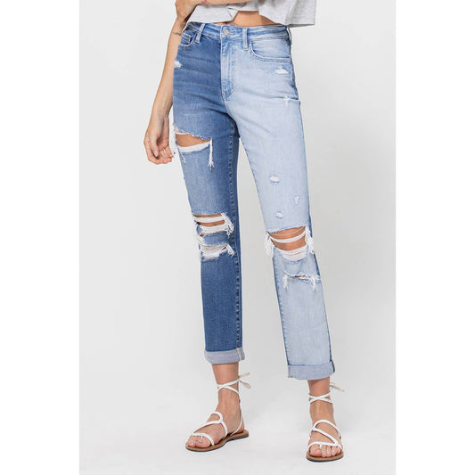 STRETCH JEANS WITH ROLLED CUFF AND SPLIT TWO TONE